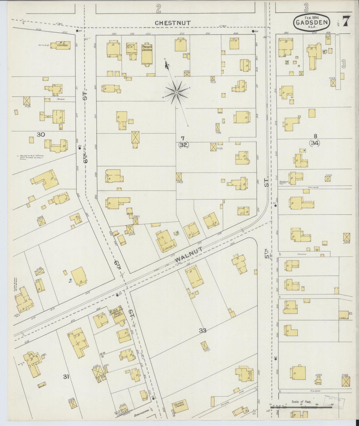 Sanborn Fire Insurance Map from Gadsden, Etowah County, Alabama (1894), Sheet #0007 - Complete Map Set gallery image, historic Sanborn map, vintage wall art, Alabama Alabama