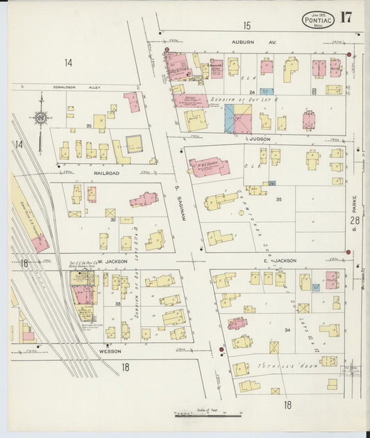 Sanborn Fire Insurance Map from Pontiac, Oakland County, Michigan (1915), Sheet #0017 - Historic Sanborn Fire Insurance Map Print, vintage old map wall art, antique decor, genealogy gift, Michigan Michigan map