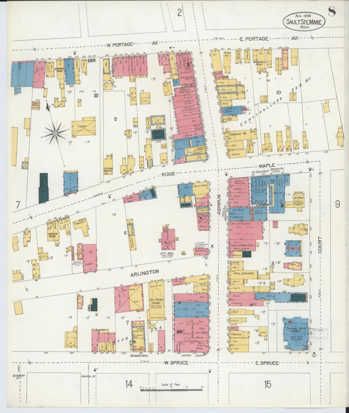 Sanborn Fire Insurance Map from Sault Sainte Marie, Chippewa County, Michigan (1906), Sheet #0008 - Historic Sanborn Fire Insurance Map Print, vintage old map wall art, antique decor, genealogy gift, Michigan Michigan map