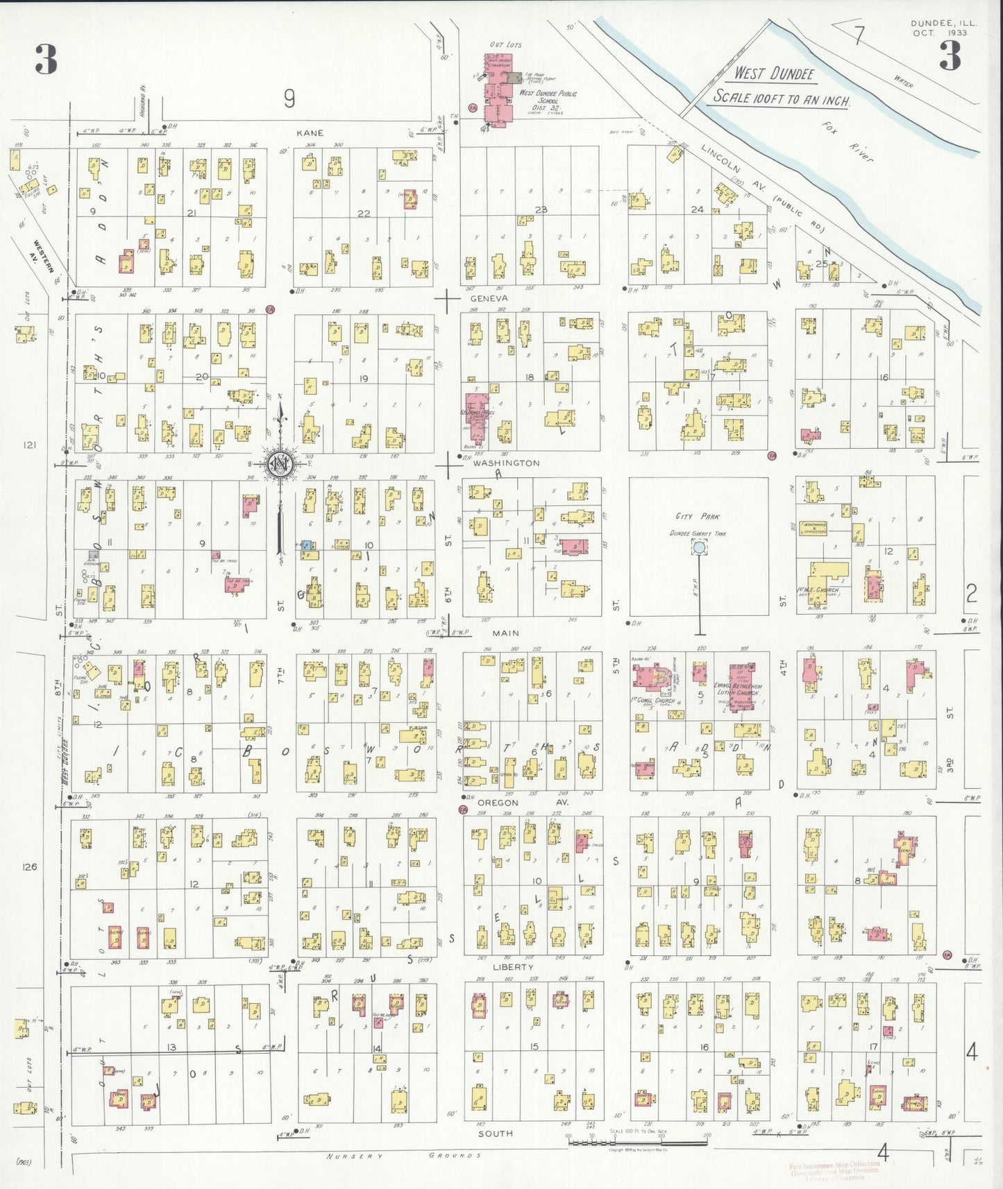 Sanborn Fire Insurance Map from Dundee, Kane County, Illinois (1933), Sheet #0003 - Complete Map Set gallery image, historic Sanborn map, vintage wall art, Illinois Illinois