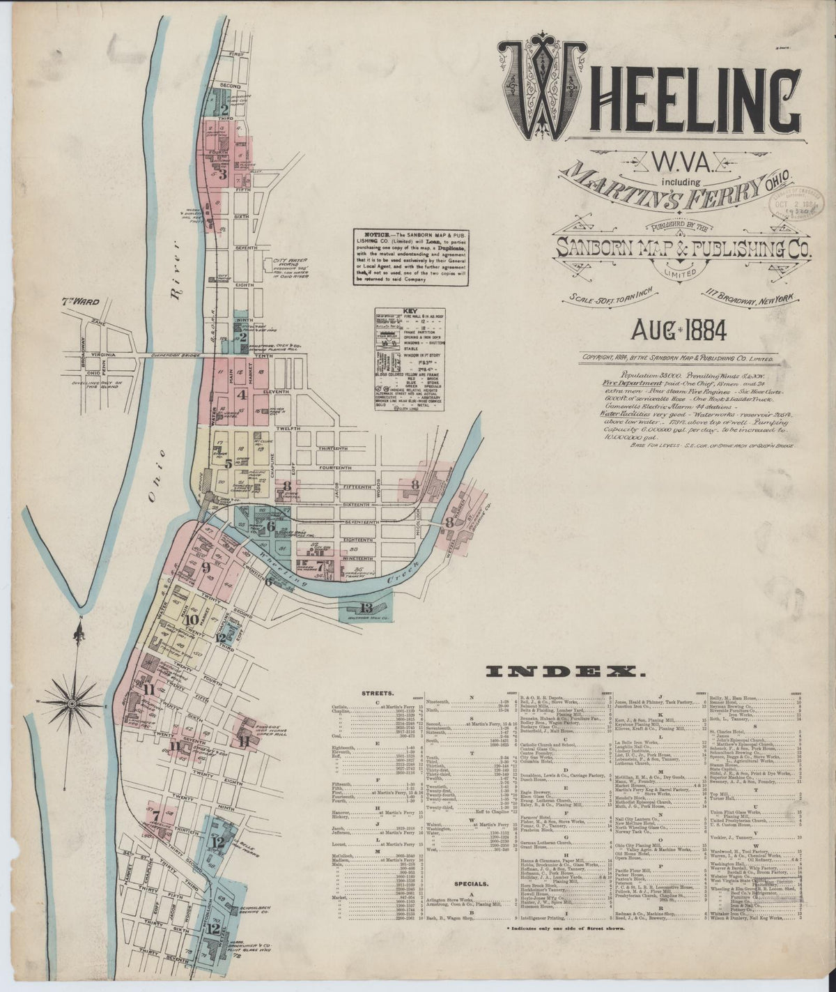 Sanborn Fire Insurance Map from Wheeling, Ohio County, West Virginia (1884), Sheet #0001 - Historic Sanborn Fire Insurance Map Print, vintage old map wall art, antique decor, genealogy gift, West Virginia West Virginia map