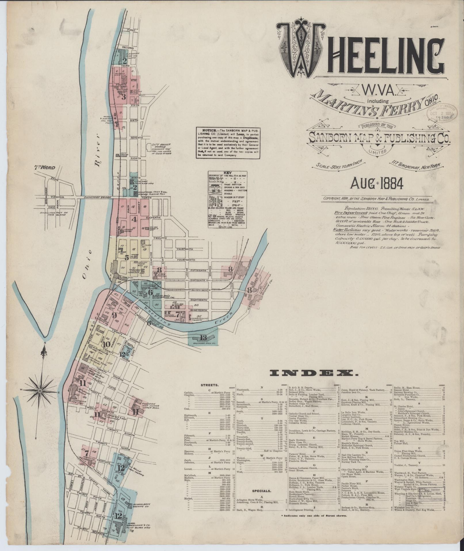 Sanborn Fire Insurance Map from Wheeling, Ohio County, West Virginia (1884), Sheet #0001 - Historic Sanborn Fire Insurance Map Print, vintage old map wall art, antique decor, genealogy gift, West Virginia West Virginia map