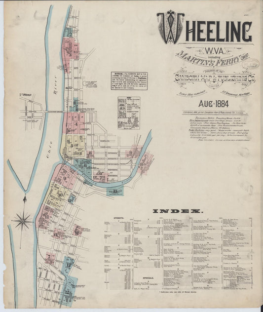 Sanborn Fire Insurance Map from Wheeling, Ohio County, West Virginia (1884), Sheet #0001 - Historic Sanborn Fire Insurance Map Print, vintage old map wall art, antique decor, genealogy gift, West Virginia West Virginia map