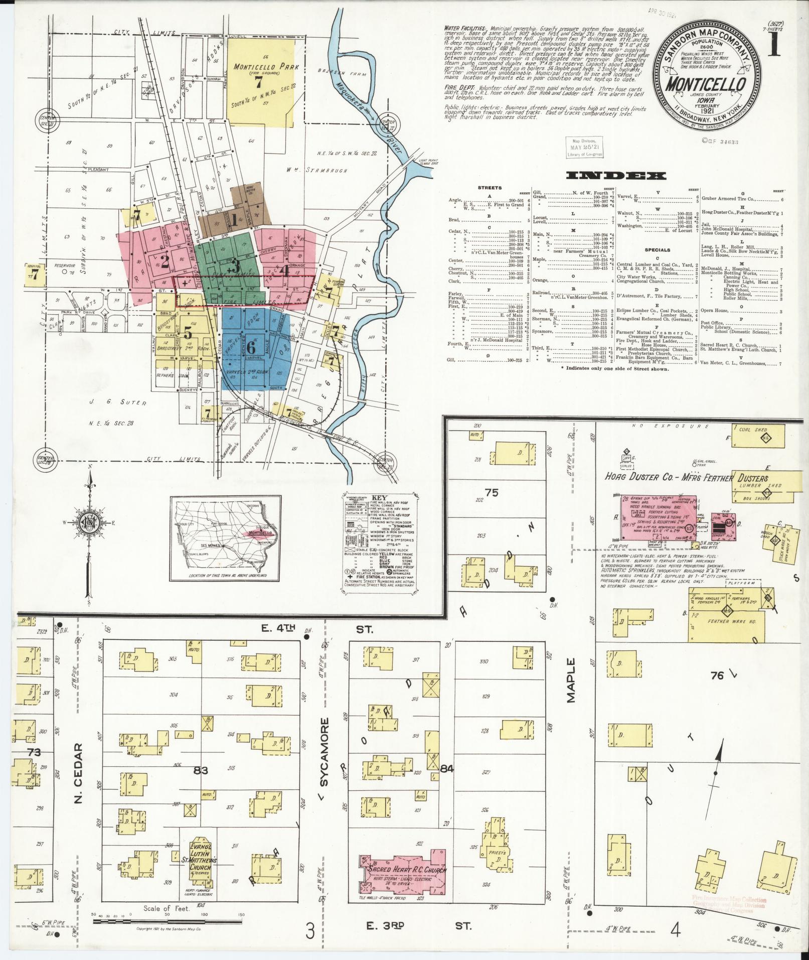 Sanborn Fire Insurance Map from Monticello, Jones County, Iowa (1921), Sheet #0001 - Historic Sanborn Fire Insurance Map Print