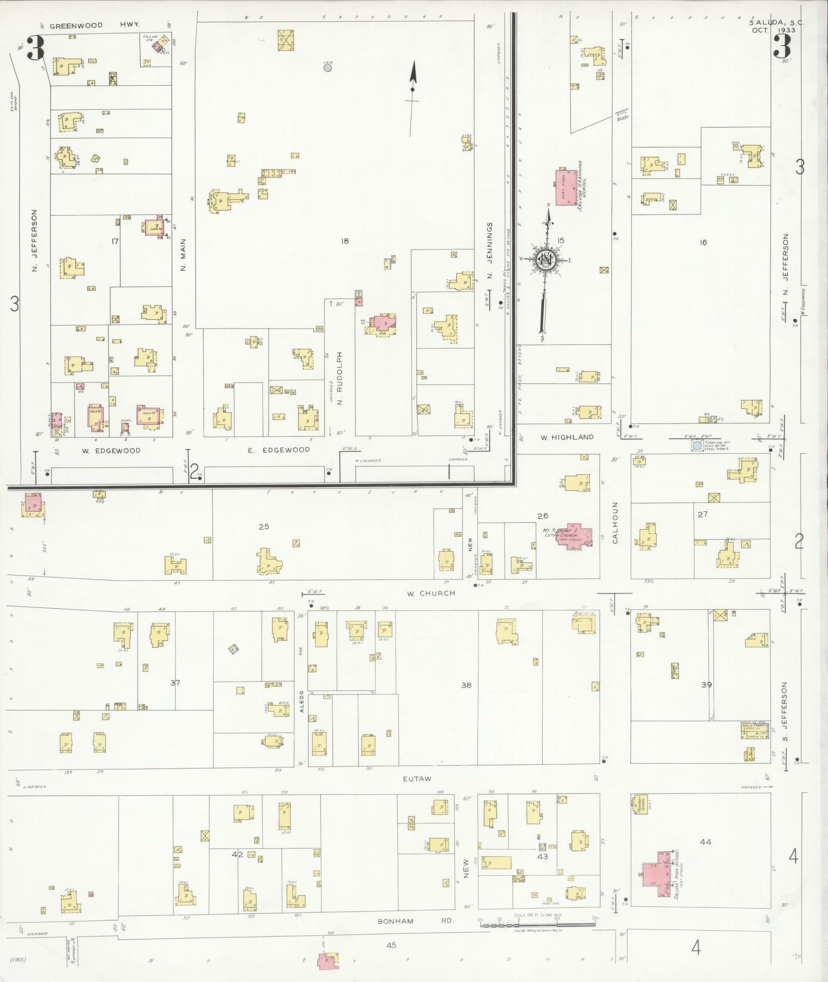 Sanborn Fire Insurance Map from Saluda, Saluda County, South Carolina (1933), Sheet #0003 - Complete Map Set gallery image, historic Sanborn map, vintage wall art, South Carolina South Carolina