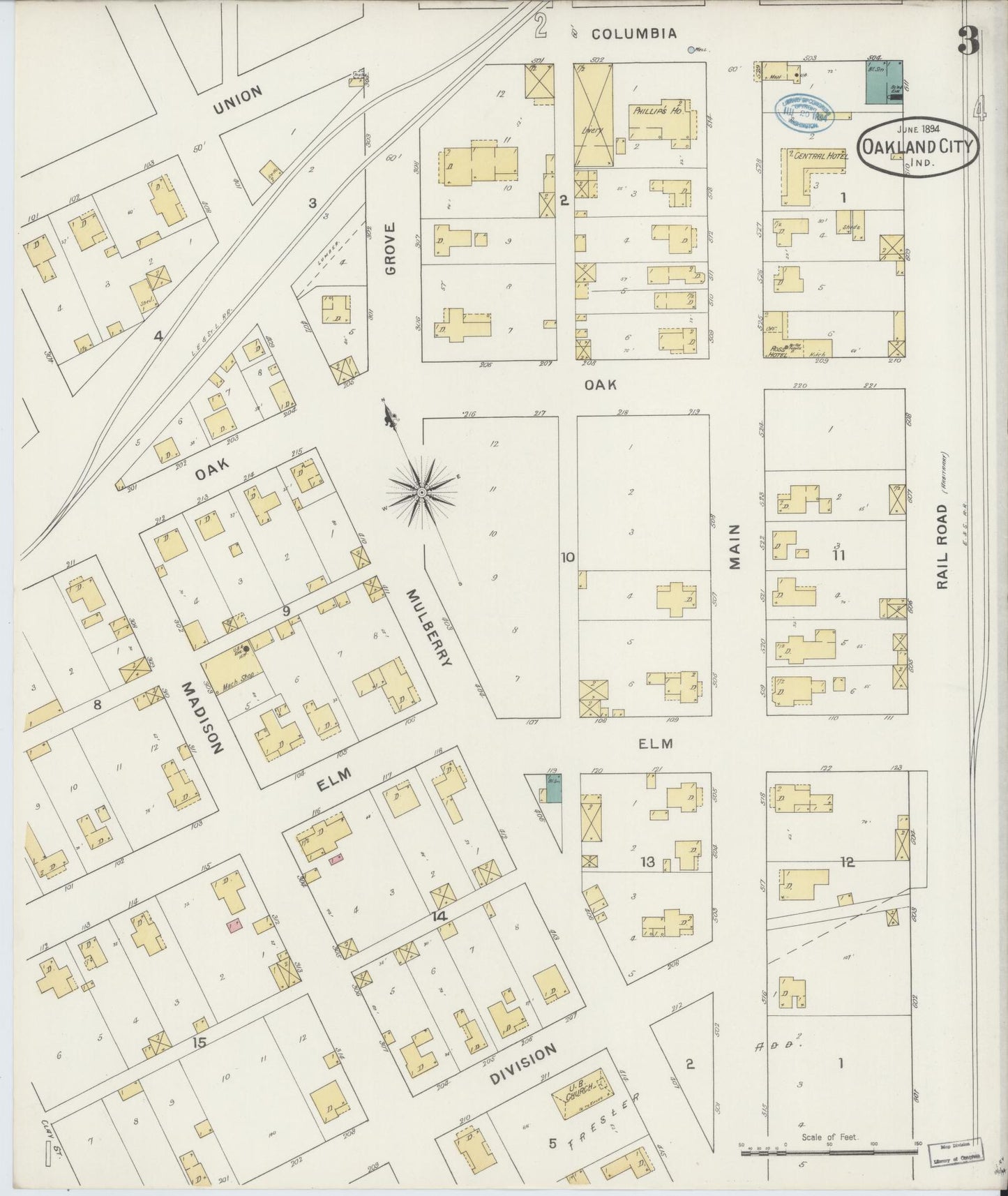 Sanborn Fire Insurance Map from Oakland City, Gibson County, Indiana (1894), Sheet #0003 - Complete Map Set gallery image, historic Sanborn map, vintage wall art, Indiana Indiana