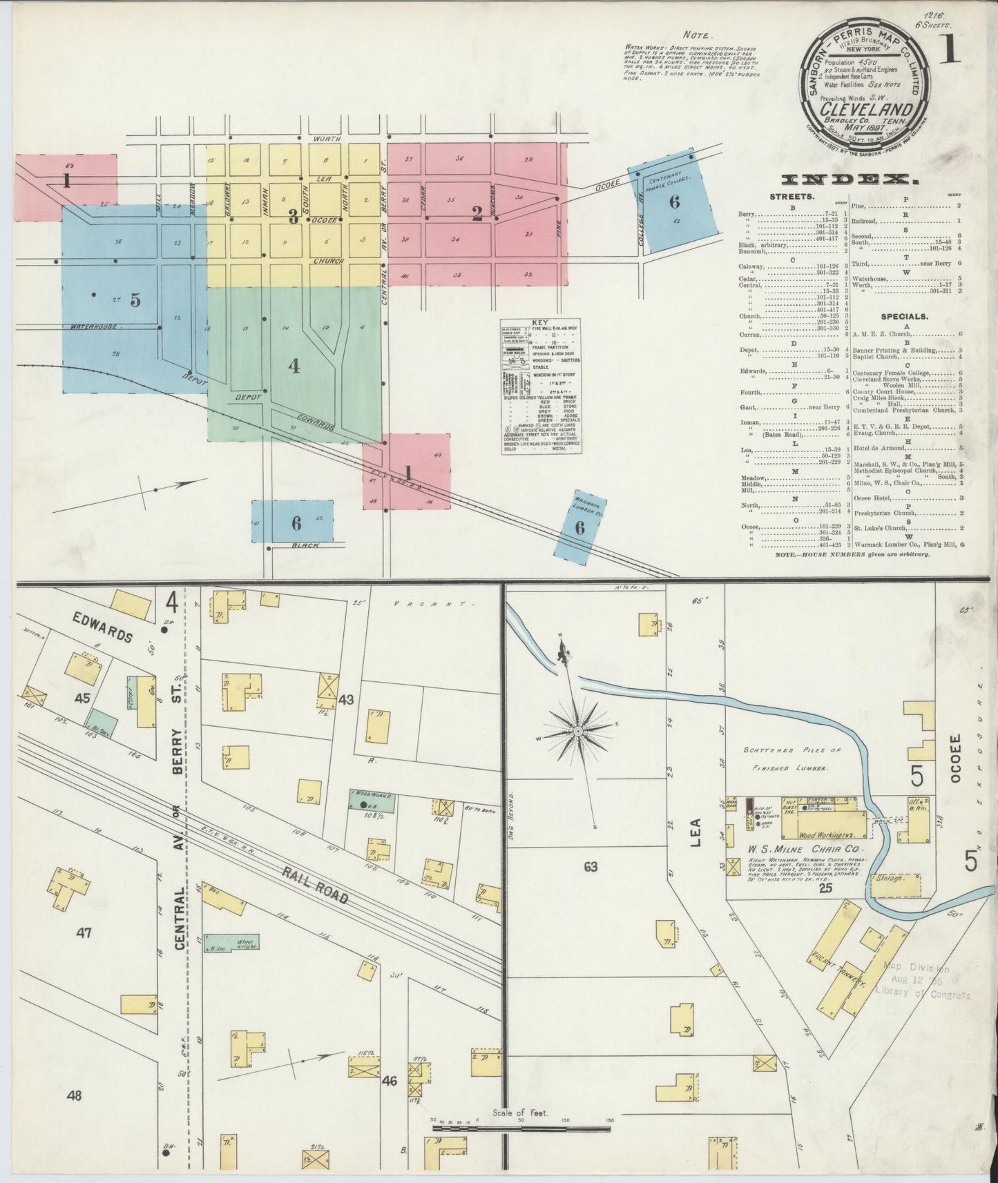 Sanborn Fire Insurance Map from Cleveland, Bradley County, Tennessee (1897), Sheet #0001 - Complete Map Set gallery image, historic Sanborn map, vintage wall art, Tennessee Tennessee