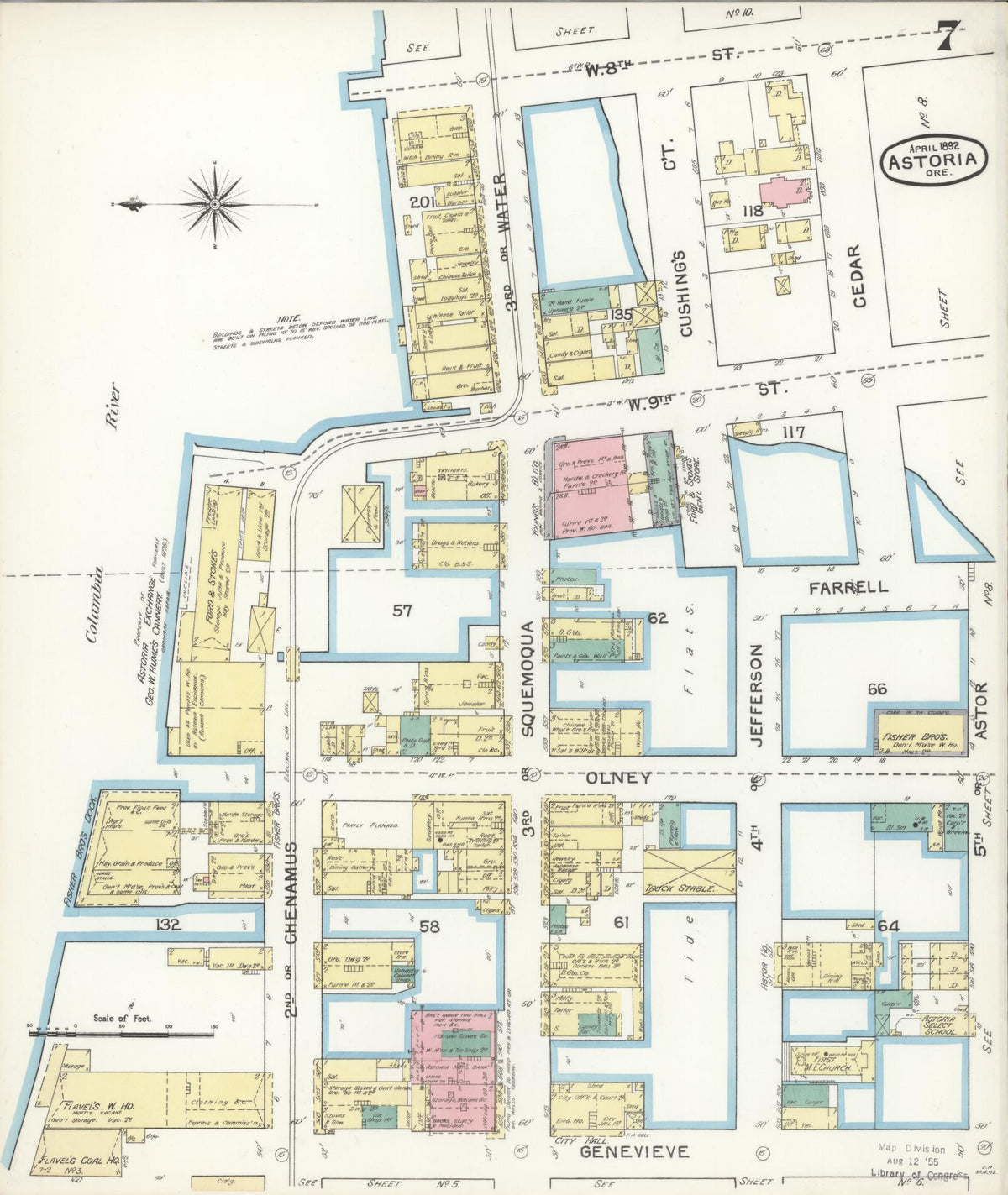 Sanborn Fire Insurance Map from Astoria, Clatsop County, Oregon (1892), Sheet #0007 - Historic Sanborn Fire Insurance Map Print, vintage old map wall art, antique decor, genealogy gift, Oregon Oregon map
