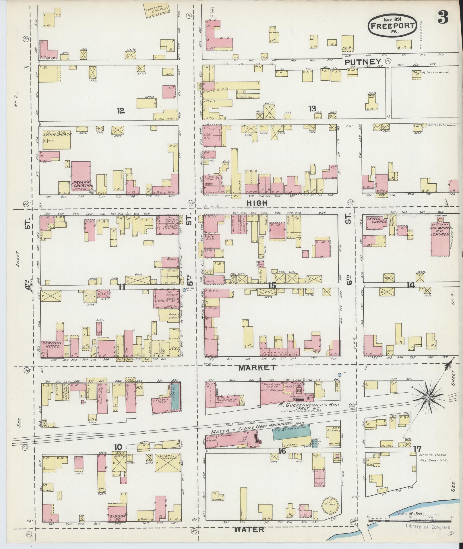 Sanborn Fire Insurance Map from Freeport, Armstrong County, Pennsylvania (1891), Sheet #0003 - Historic Sanborn Fire Insurance Map Print, vintage old map wall art, antique decor, genealogy gift, Pennsylvania Pennsylvania map