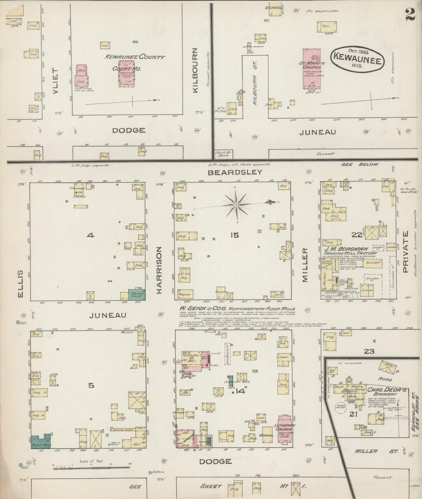 Sanborn Fire Insurance Map from Kewaunee, Kewaunee County, Wisconsin (1885), Sheet #0002 - Historic Sanborn Fire Insurance Map Print, vintage old map wall art, antique decor, genealogy gift, Wisconsin Wisconsin map