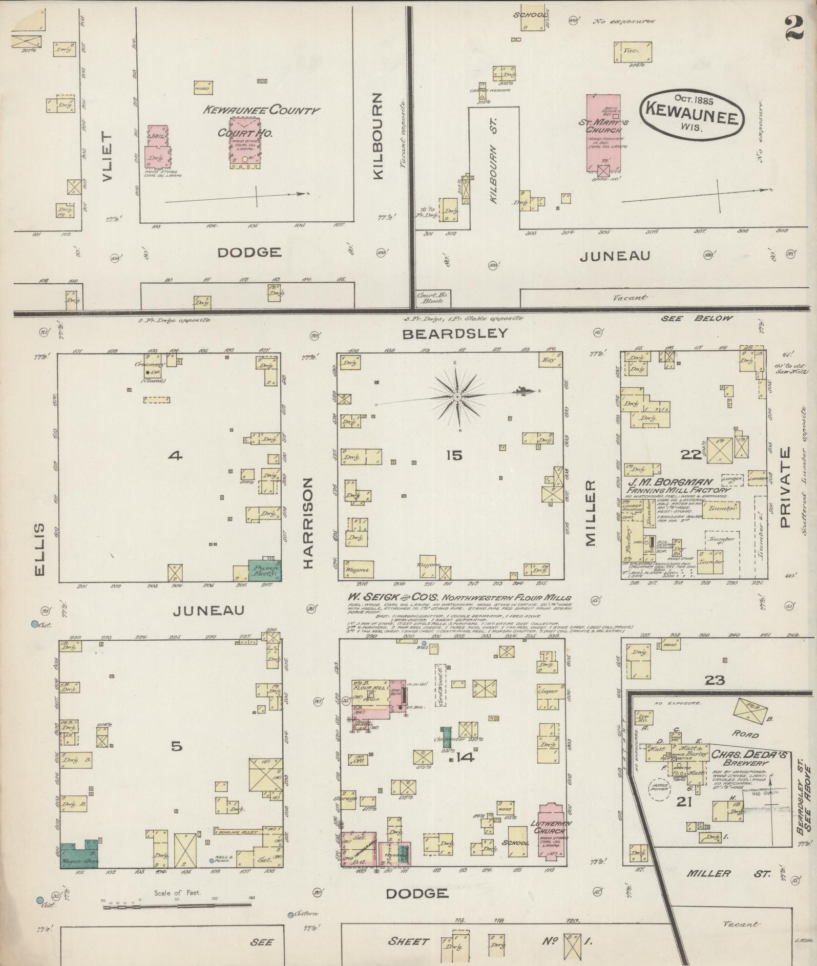 Sanborn Fire Insurance Map from Kewaunee, Kewaunee County, Wisconsin (1885), Sheet #0002 - Historic Sanborn Fire Insurance Map Print, vintage old map wall art, antique decor, genealogy gift, Wisconsin Wisconsin map