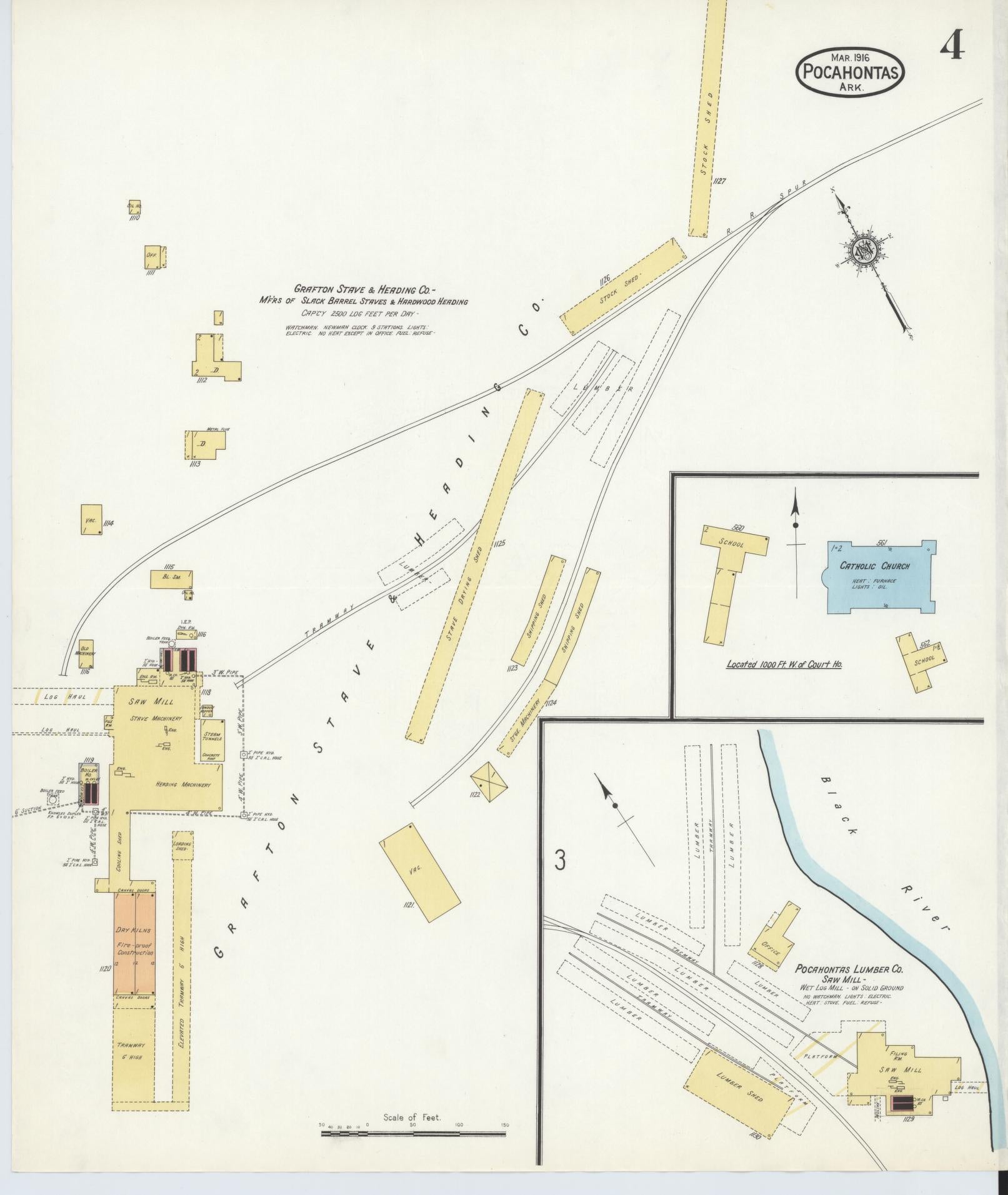 Sanborn Fire Insurance Map from Pocahontas, Randolph County, Arkansas (1916), Sheet #0004 - Historic Sanborn Fire Insurance Map Print, vintage old map wall art, antique decor, genealogy gift, Arkansas Arkansas map