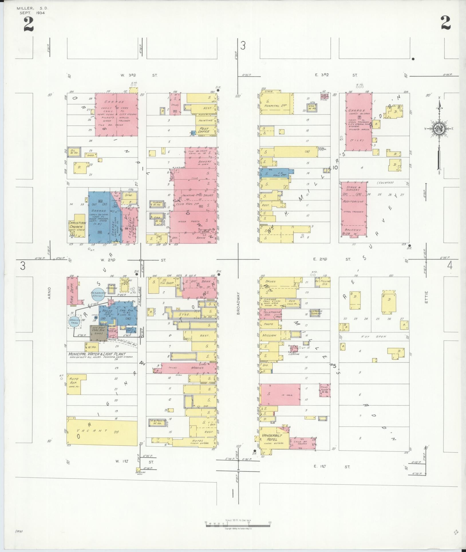 Sanborn Fire Insurance Map from Miller, Hand County, South Dakota (1934), Sheet #0002 - Historic Sanborn Fire Insurance Map Print, vintage old map wall art, antique decor, genealogy gift, South Dakota South Dakota map