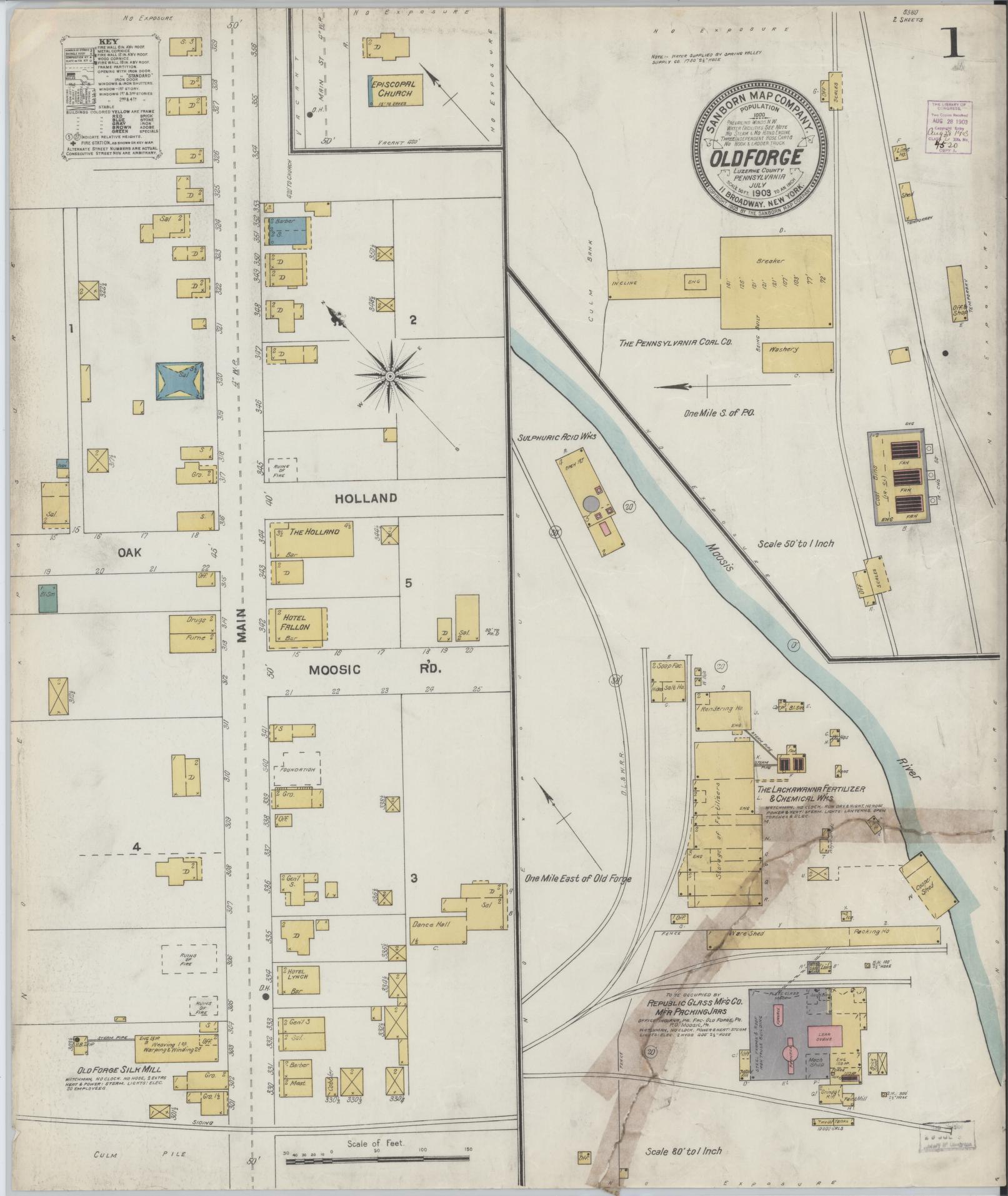 Sanborn Fire Insurance Map from Old Forge, Luzerne County, Pennsylvania (1903), Sheet #0001 - Historic Sanborn Fire Insurance Map Print, vintage old map wall art, antique decor, genealogy gift, Pennsylvania Pennsylvania map