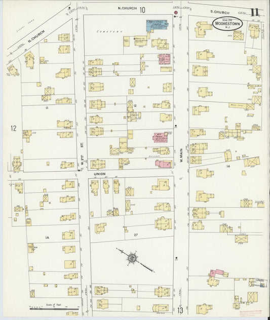 Sanborn Fire Insurance Map from Moorestown, Burlington County, New Jersey (1911), Sheet #0011 - Historic Sanborn Fire Insurance Map Print, vintage old map wall art, antique decor, genealogy gift, New Jersey New Jersey map