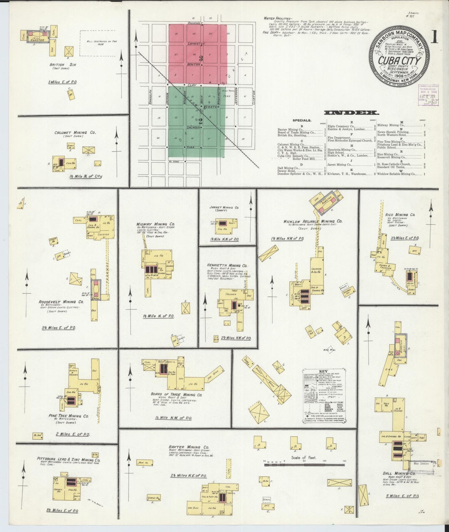 Sanborn Fire Insurance Map from Cuba City, Grant County, Wisconsin (1908), Sheet #0001 - Historic Sanborn Fire Insurance Map Print, vintage old map wall art, antique decor, genealogy gift, Wisconsin Wisconsin map