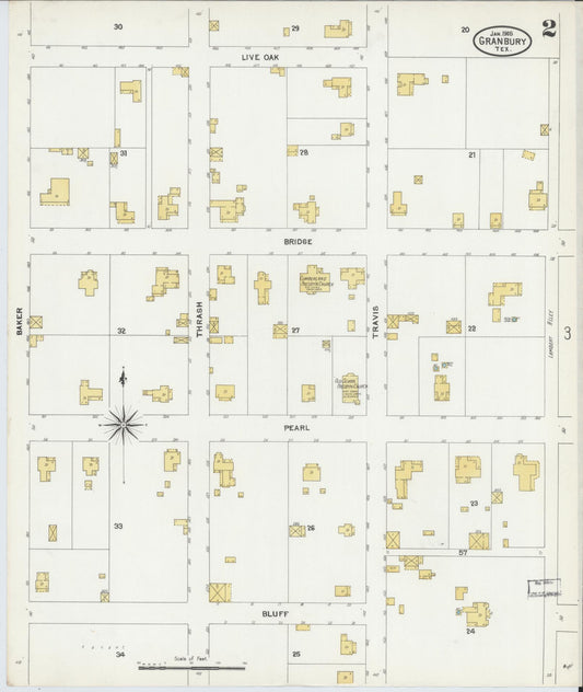 Sanborn Fire Insurance Map from Granbury, Hood County, Texas (1905), Sheet #0002 - Historic Sanborn Fire Insurance Map Print, vintage old map wall art, antique decor, genealogy gift, Texas Texas map