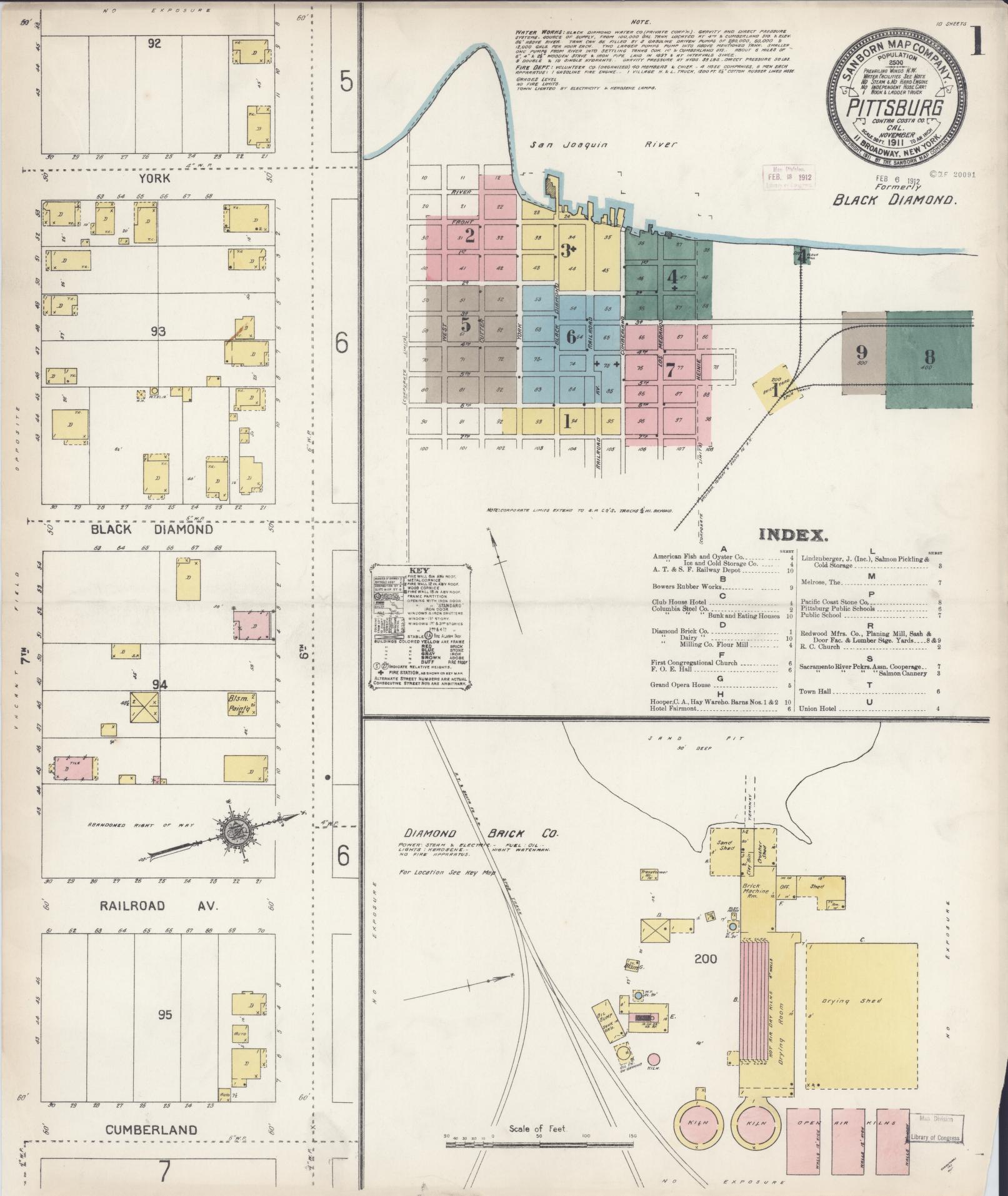 Sanborn Fire Insurance Map from Pittsburg, Contra Costa County, California (1911), Sheet #0001 - Complete Map Set gallery image, historic Sanborn map, vintage wall art, California California