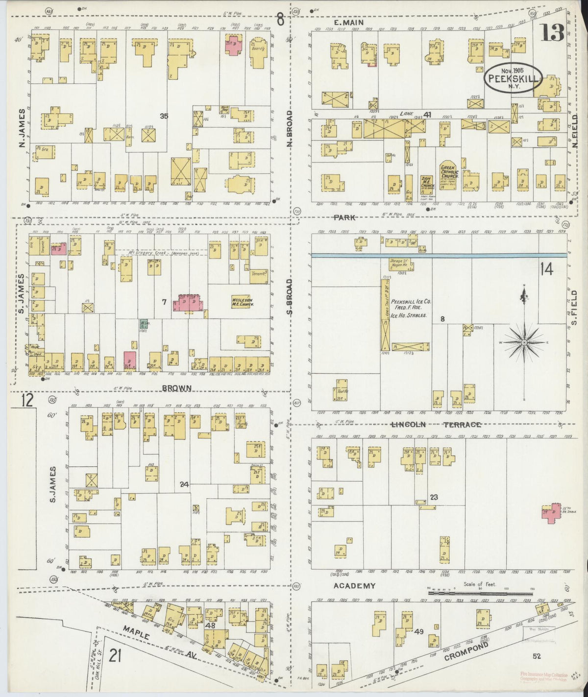 Sanborn Fire Insurance Map from Peekskill, Westchester County, New York (1905), Sheet #0013 - Historic Sanborn Fire Insurance Map Print, vintage old map wall art, antique decor, genealogy gift, New York New York map