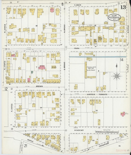 Sanborn Fire Insurance Map from Peekskill, Westchester County, New York (1905), Sheet #0013 - Historic Sanborn Fire Insurance Map Print, vintage old map wall art, antique decor, genealogy gift, New York New York map