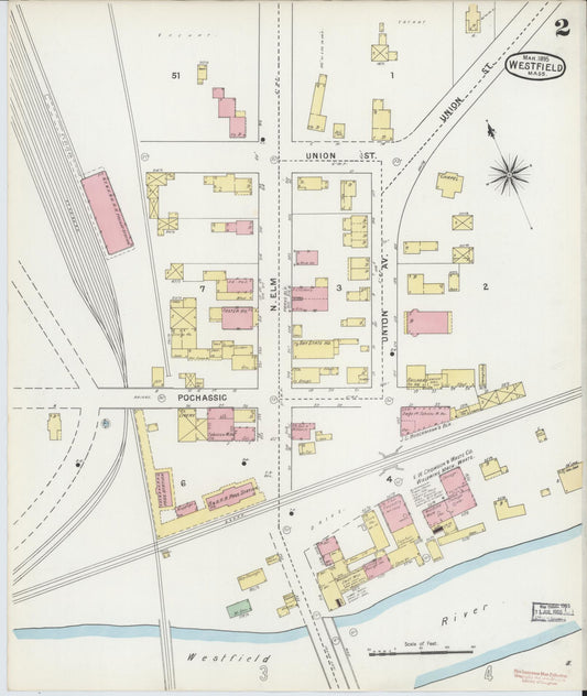 Sanborn Fire Insurance Map from Westfield, Hampden County, Massachusetts (1895), Sheet #0002 - Historic Sanborn Fire Insurance Map Print, vintage old map wall art, antique decor, genealogy gift, Massachusetts Massachusetts map