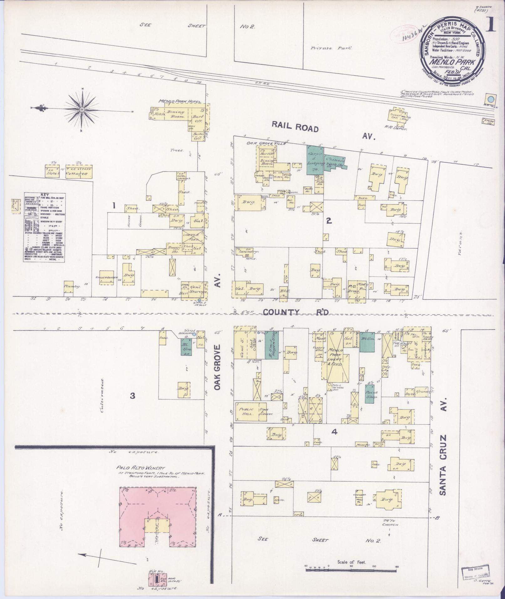 Sanborn Fire Insurance Map from Menlo Park, San Mateo County, California (1891), Sheet #0001 - Historic Sanborn Fire Insurance Map Print, vintage old map wall art, antique decor, genealogy gift, California California map