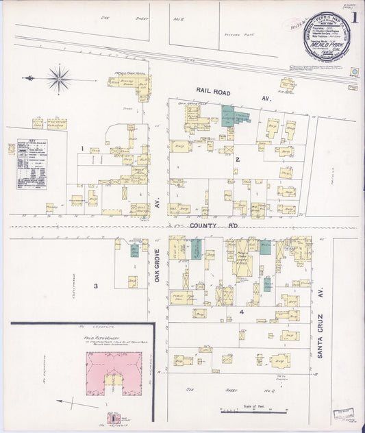 Sanborn Fire Insurance Map from Menlo Park, San Mateo County, California (1891), Sheet #0001 - Historic Sanborn Fire Insurance Map Print, vintage old map wall art, antique decor, genealogy gift, California California map
