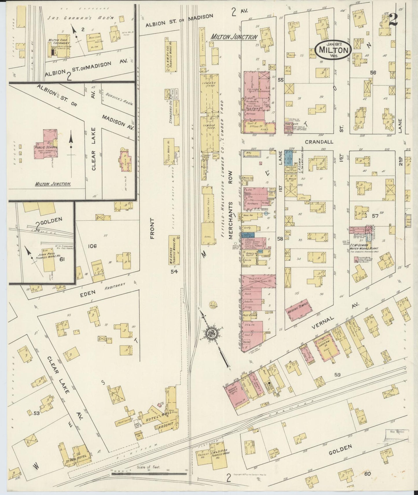 Sanborn Fire Insurance Map from Milton, Rock County, Wisconsin (1917), Sheet #0002 - Historic Sanborn Fire Insurance Map Print, vintage old map wall art, antique decor, genealogy gift, Wisconsin Wisconsin map