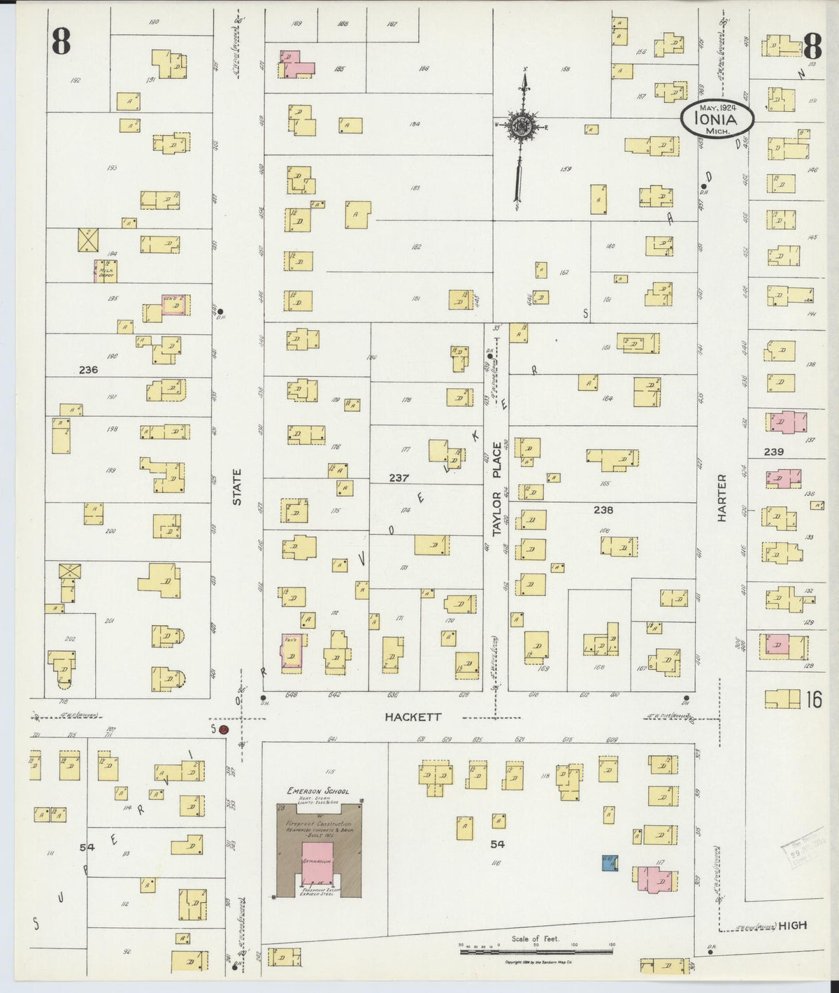 Sanborn Fire Insurance Map from Ionia, Ionia County, Michigan (1924), Sheet #0008 - Historic Sanborn Fire Insurance Map Print, vintage old map wall art, antique decor, genealogy gift, Michigan Michigan map