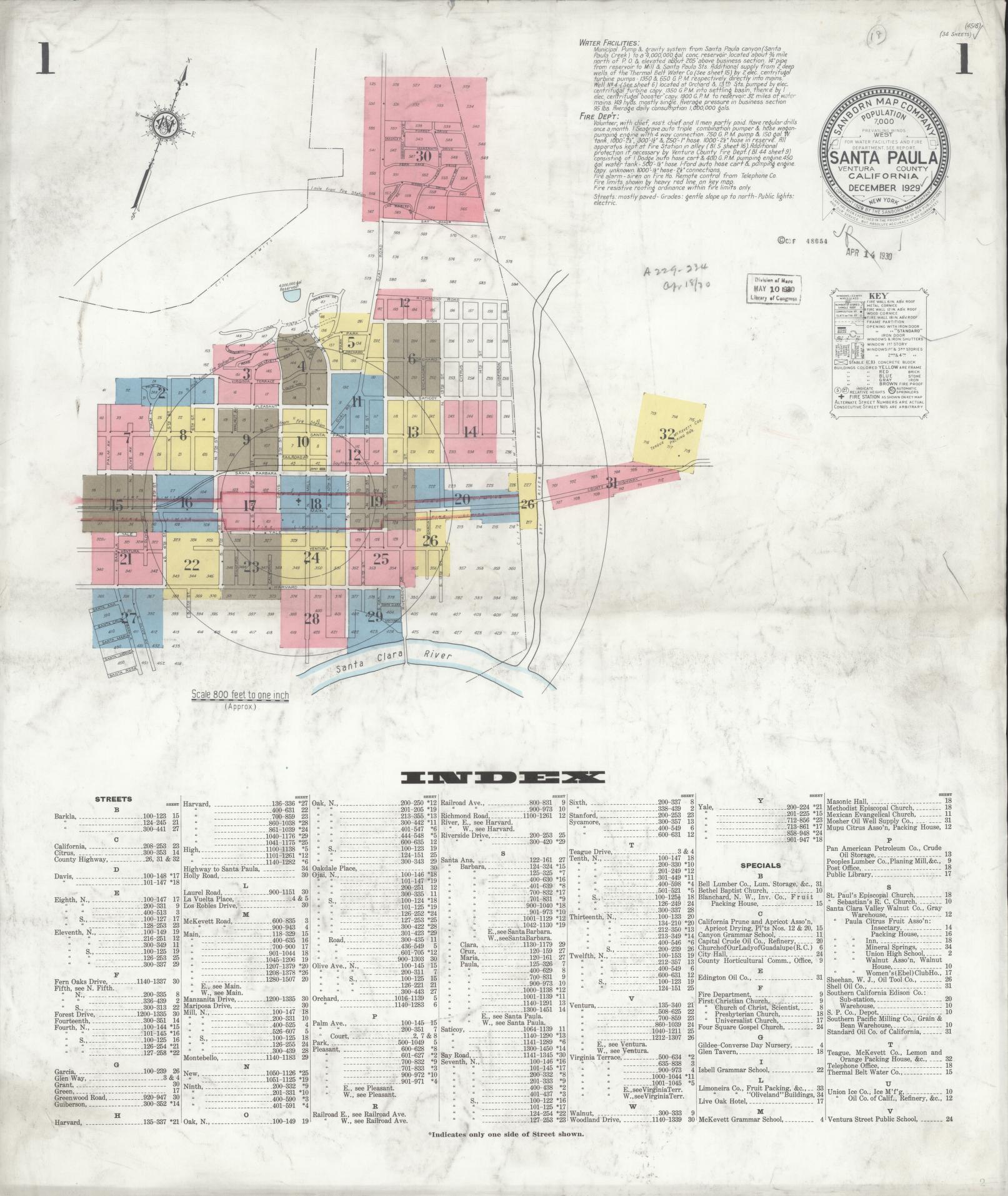 Sanborn Fire Insurance Map from Santa Paula, Ventura County, California (1929), Sheet #0001 - Complete Map Set gallery image, historic Sanborn map, vintage wall art, California California