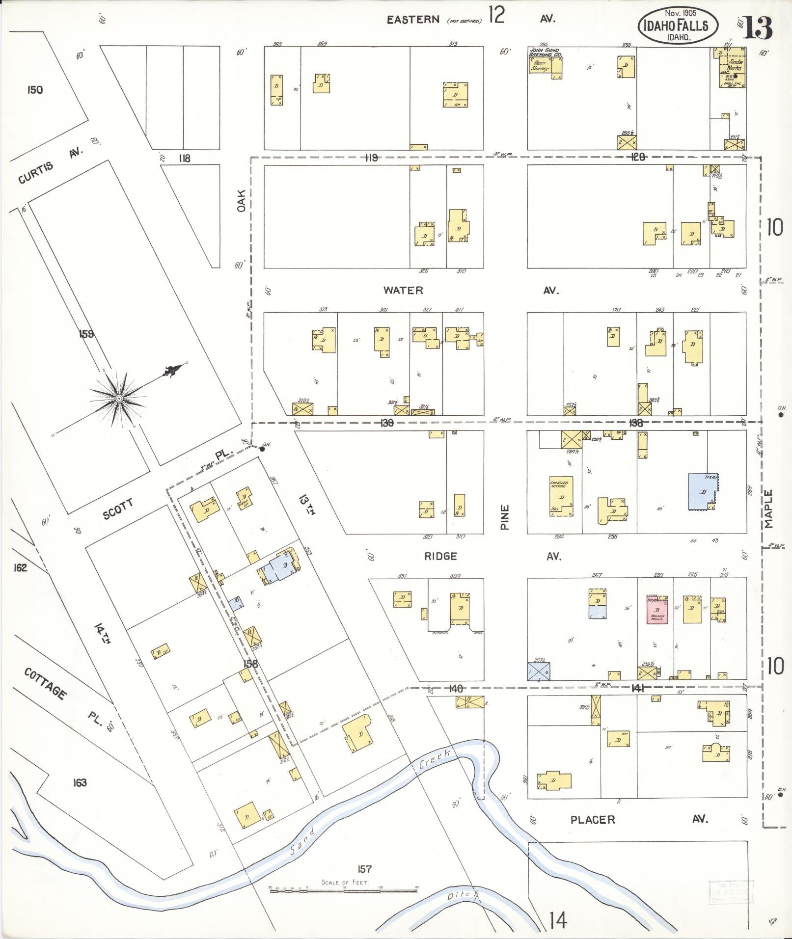 Sanborn Fire Insurance Map from Idaho Falls, Bonneville County, Idaho (1905), Sheet #0013 - Historic Sanborn Fire Insurance Map Print, vintage old map wall art, antique decor, genealogy gift, Idaho Idaho map