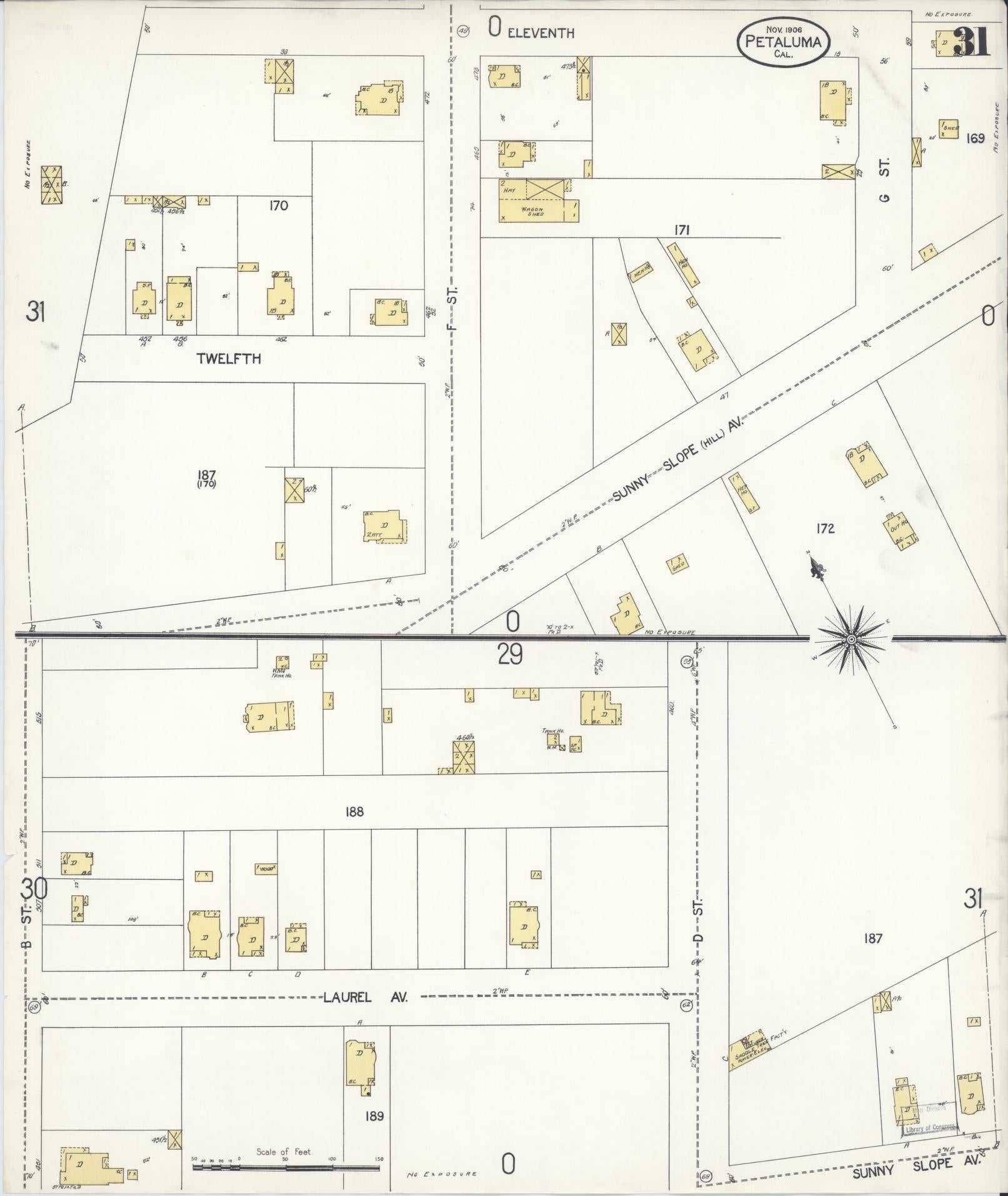 Sanborn Fire Insurance Map from Petaluma, Sonoma County, California (1906), Sheet #0031 - Complete Map Set gallery image, historic Sanborn map, vintage wall art, California California