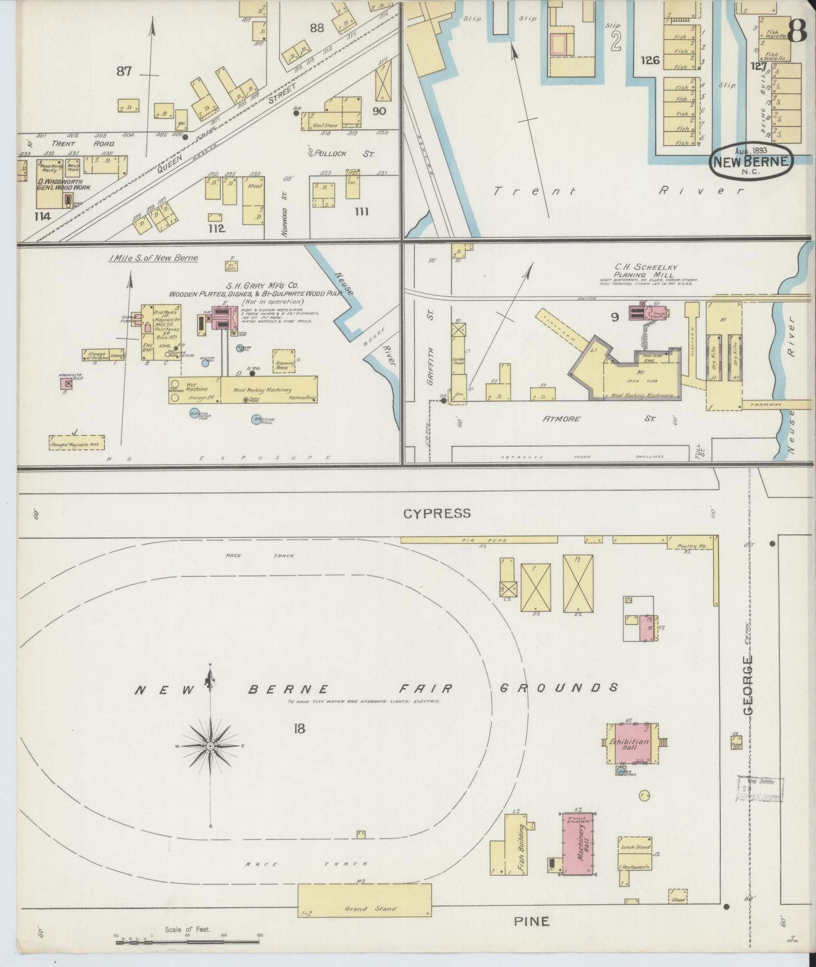 Sanborn Fire Insurance Map from New Bern, Craven County, North Carolina (1893), Sheet #0008 - Historic Sanborn Fire Insurance Map Print, vintage old map wall art, antique decor, genealogy gift, North Carolina North Carolina map