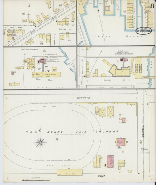 Sanborn Fire Insurance Map from New Bern, Craven County, North Carolina (1893), Sheet #0008 - Historic Sanborn Fire Insurance Map Print, vintage old map wall art, antique decor, genealogy gift, North Carolina North Carolina map