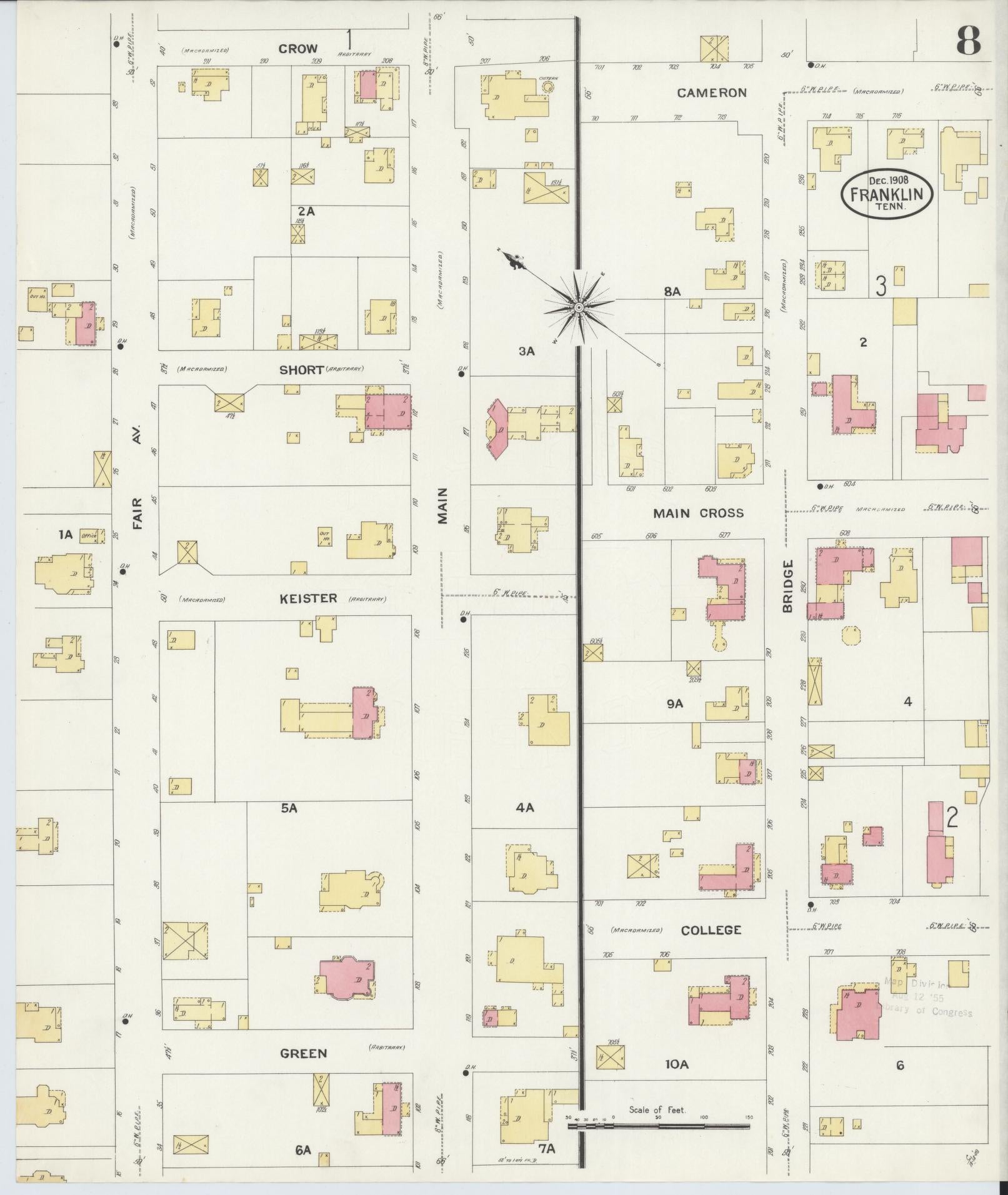 Sanborn Fire Insurance Map from Franklin, Williamson County, Tennessee (1908), Sheet #0008 - Complete Map Set gallery image, historic Sanborn map, vintage wall art, Tennessee Tennessee