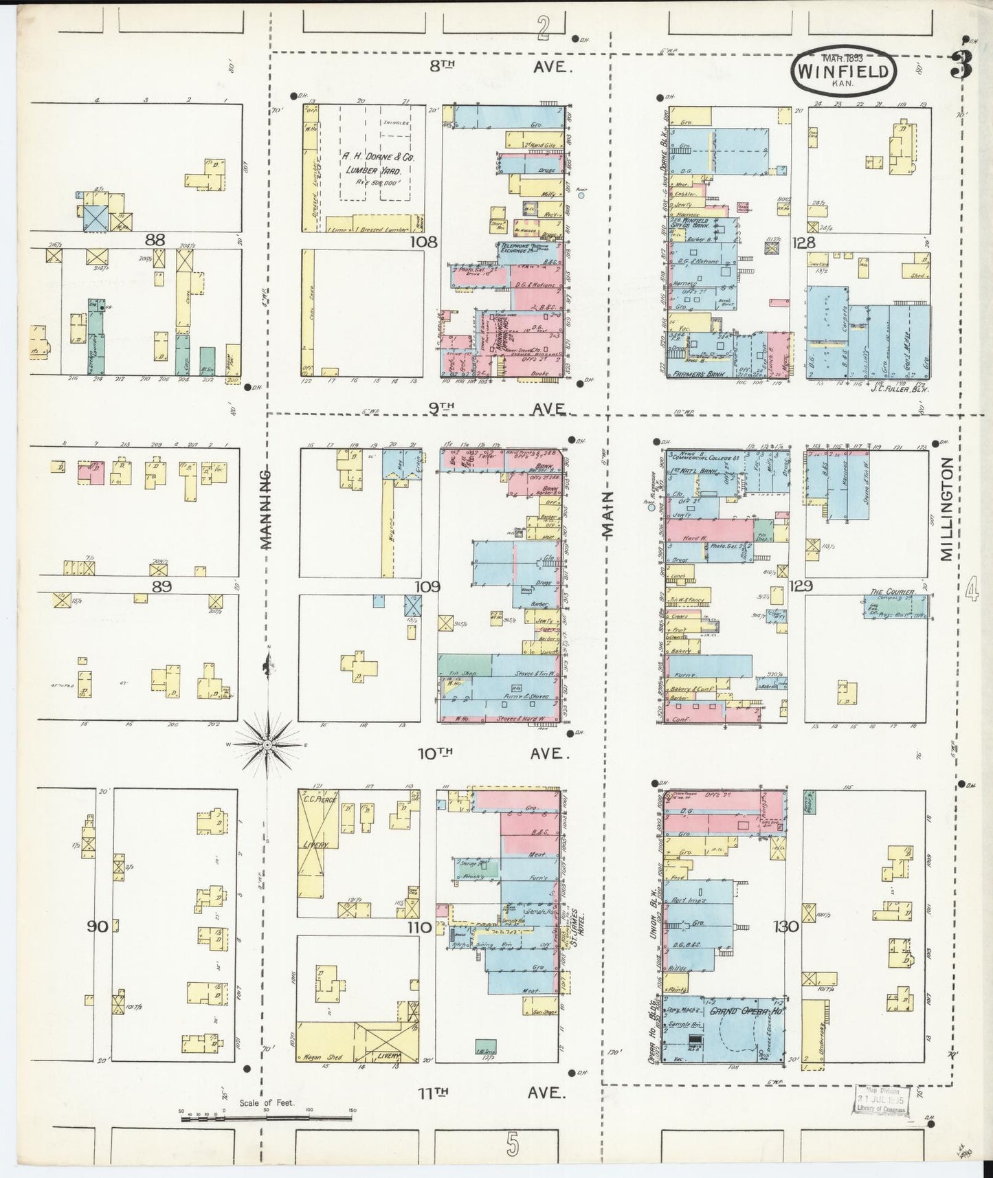 Sanborn Fire Insurance Map from Winfield, Cowley County, Kansas (1893), Sheet #0003 - Historic Sanborn Fire Insurance Map Print, vintage old map wall art, antique decor, genealogy gift, Kansas Kansas map