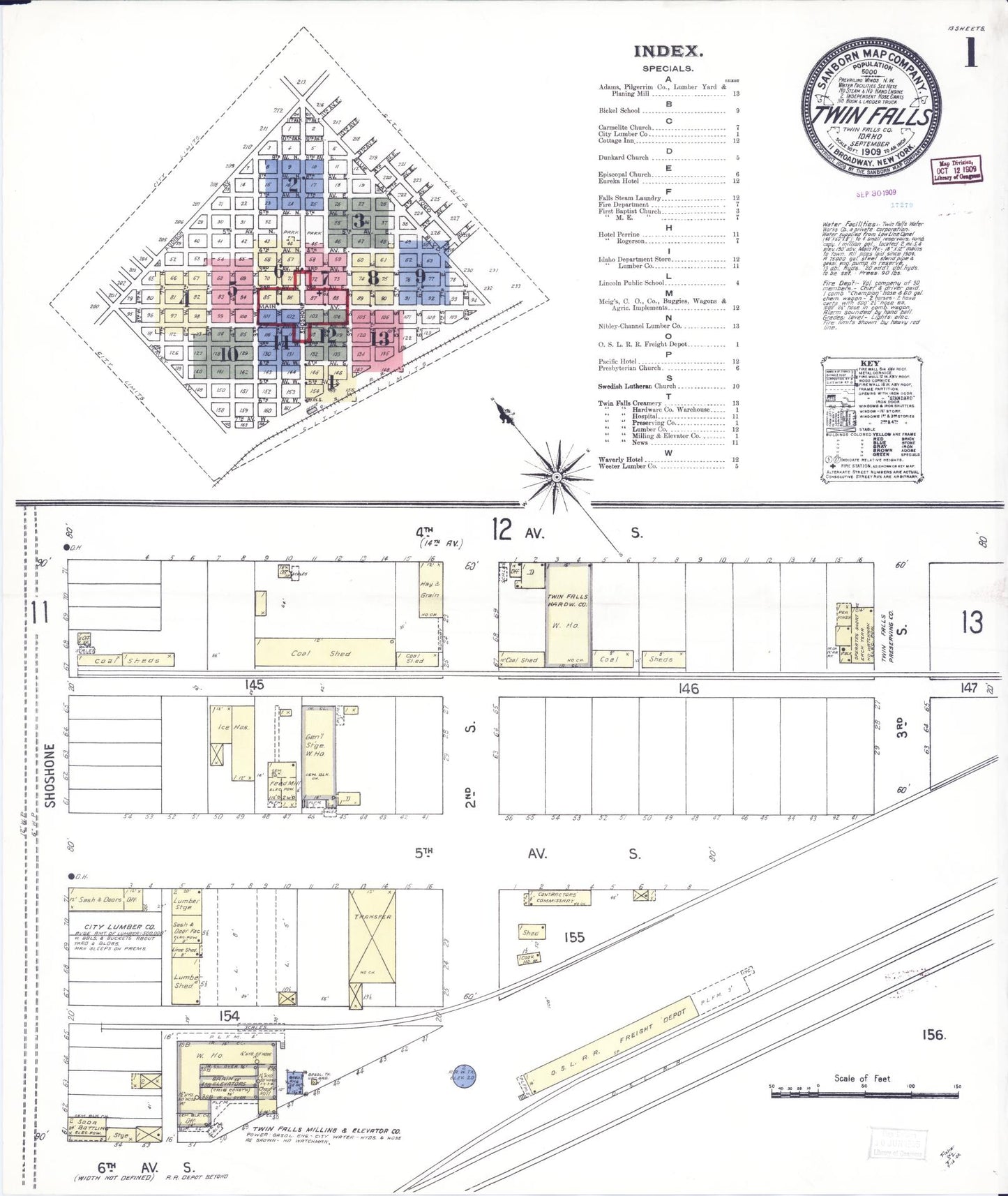 Sanborn Fire Insurance Map from Twin Falls, Twin Falls County, Idaho (1909), Sheet #0001 - Complete Map Set gallery image, historic Sanborn map, vintage wall art, Falls Idaho
