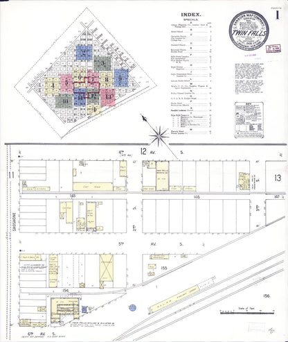 Sanborn Fire Insurance Map from Twin Falls, Twin Falls County, Idaho (1909), Sheet #0001 - Complete Map Set gallery image, historic Sanborn map, vintage wall art, Falls Idaho