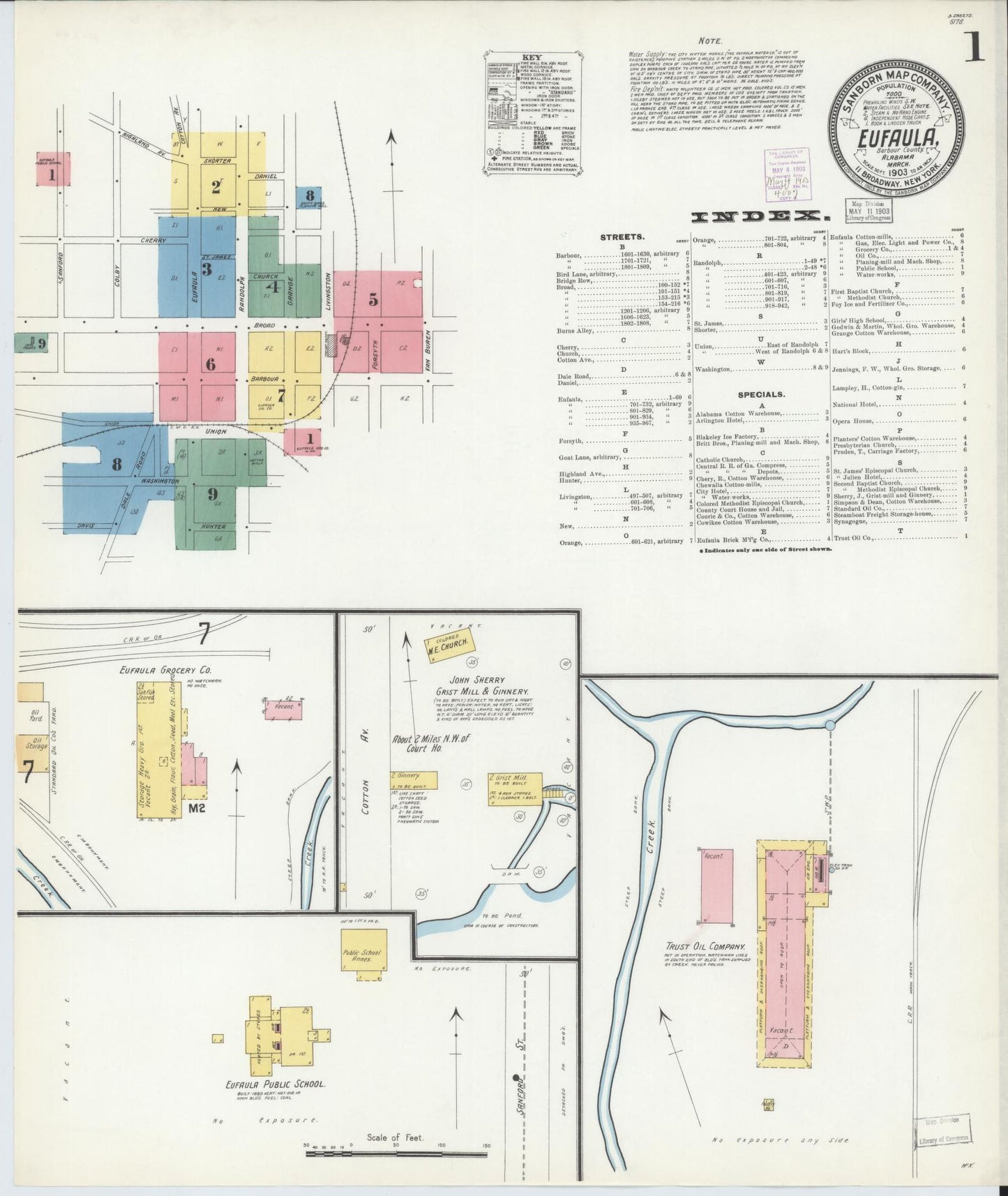 Sanborn Fire Insurance Map from Eufaula, Barbour County, Alabama (1903), Sheet #0001 - Historic Sanborn Fire Insurance Map Print, vintage old map wall art, antique decor, genealogy gift, Alabama Alabama map