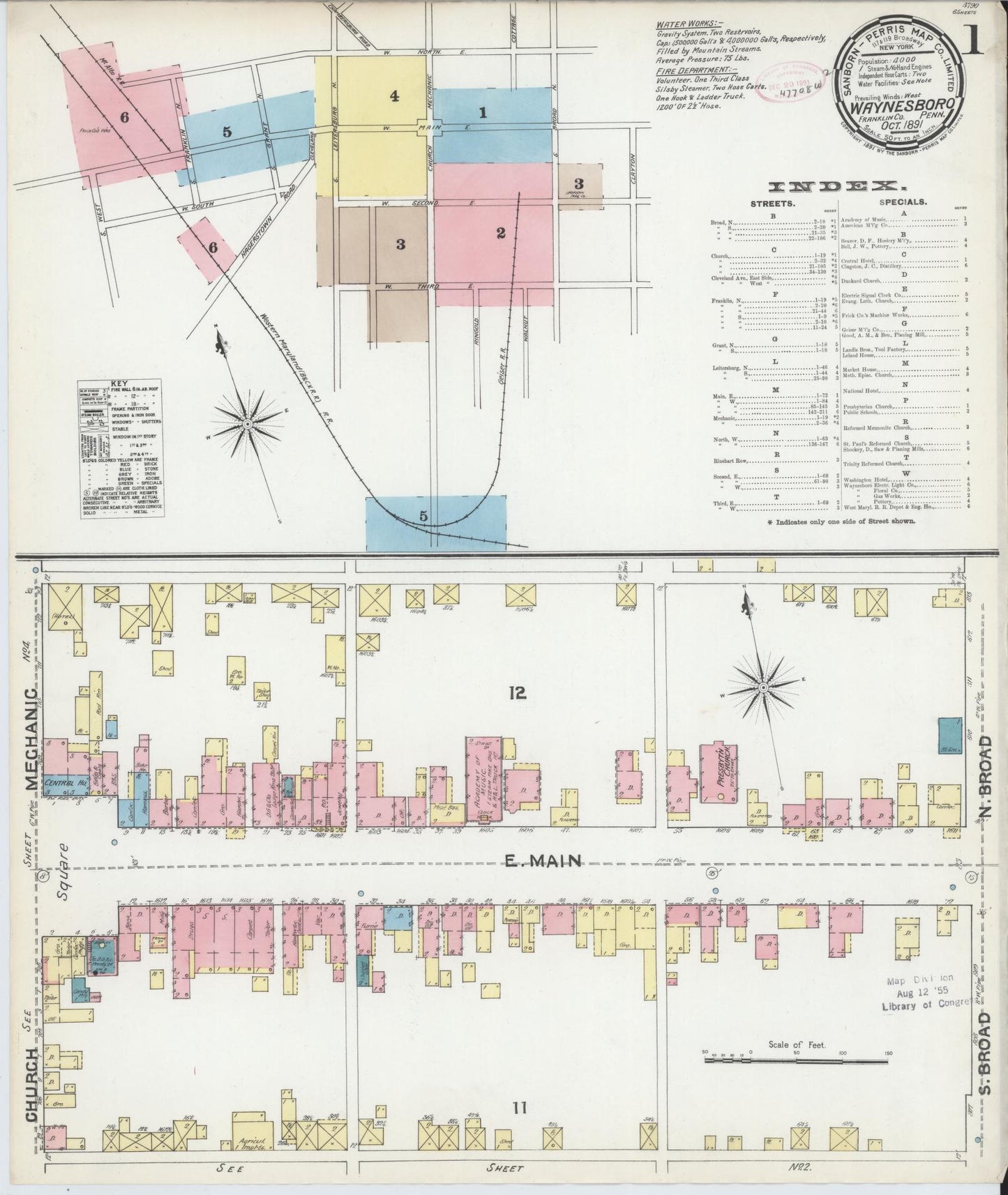 Sanborn Fire Insurance Map from Waynesboro, Franklin County, Pennsylvania (1891), Sheet #0001 - Historic Sanborn Fire Insurance Map Print, vintage old map wall art, antique decor, genealogy gift, Pennsylvania Pennsylvania map
