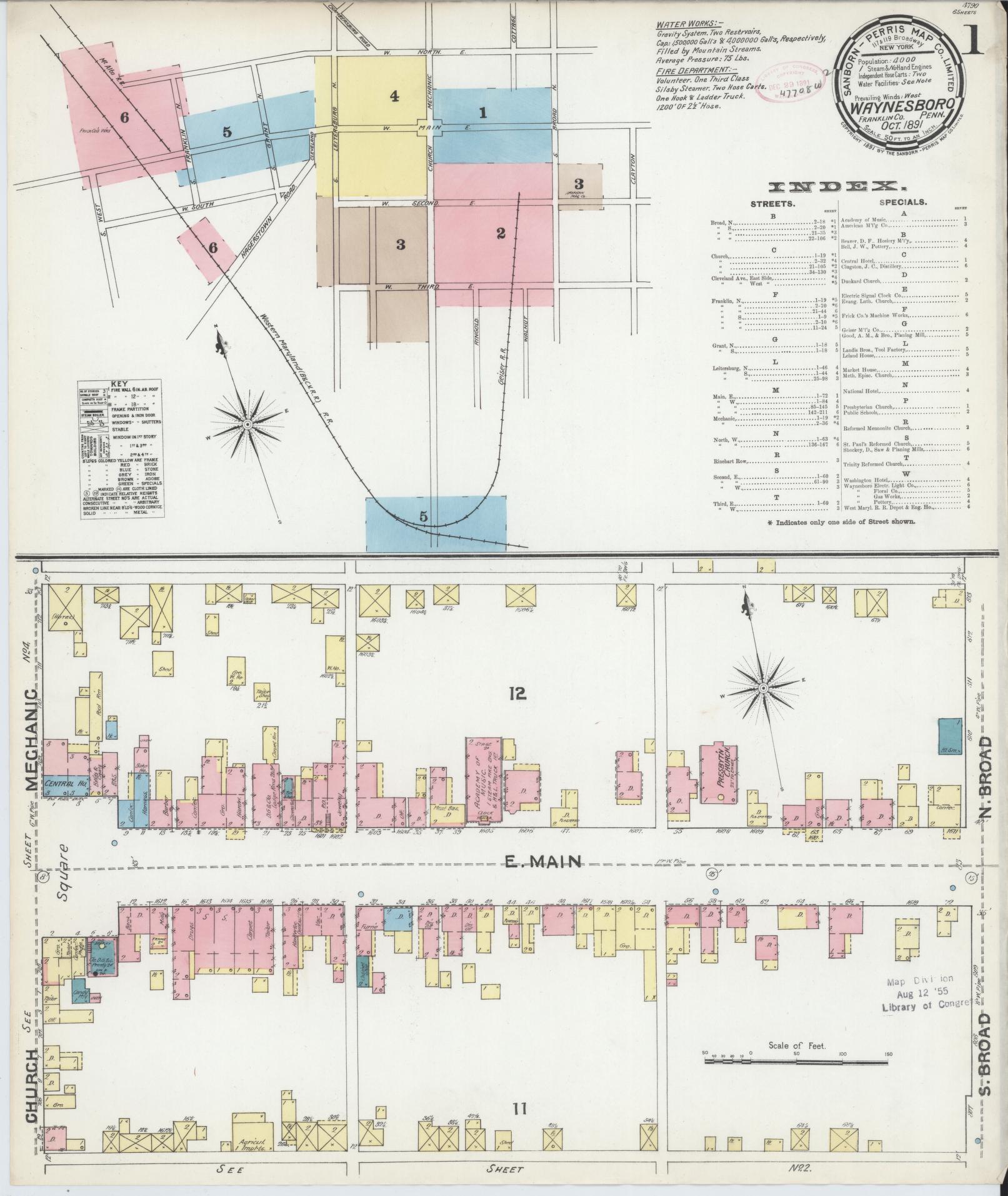 Sanborn Fire Insurance Map from Waynesboro, Franklin County, Pennsylvania (1891), Sheet #0001 - Historic Sanborn Fire Insurance Map Print, vintage old map wall art, antique decor, genealogy gift, Pennsylvania Pennsylvania map