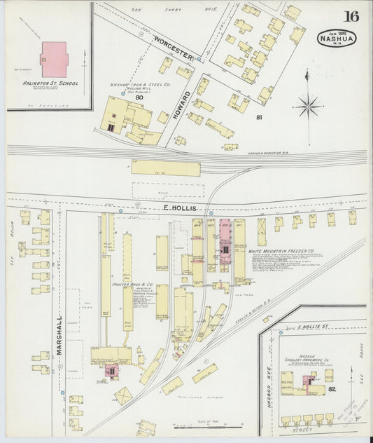 Sanborn Fire Insurance Map from Nashua, Hillsborough County, New Hampshire (1892), Sheet #0016 - Historic Sanborn Fire Insurance Map Print, vintage old map wall art, antique decor, genealogy gift, New Hampshire New Hampshire map