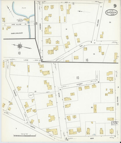 Sanborn Fire Insurance Map from Spencer, Worcester County, Massachusetts (1912), Sheet #0009 - Historic Sanborn Fire Insurance Map Print, vintage old map wall art, antique decor, genealogy gift, Massachusetts Massachusetts map