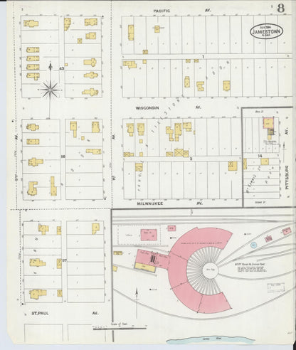Sanborn Fire Insurance Map from Jamestown, Stutsman County, North Dakota (1904), Sheet #0008 - Complete Map Set gallery image, historic Sanborn map, vintage wall art, North Dakota North Dakota