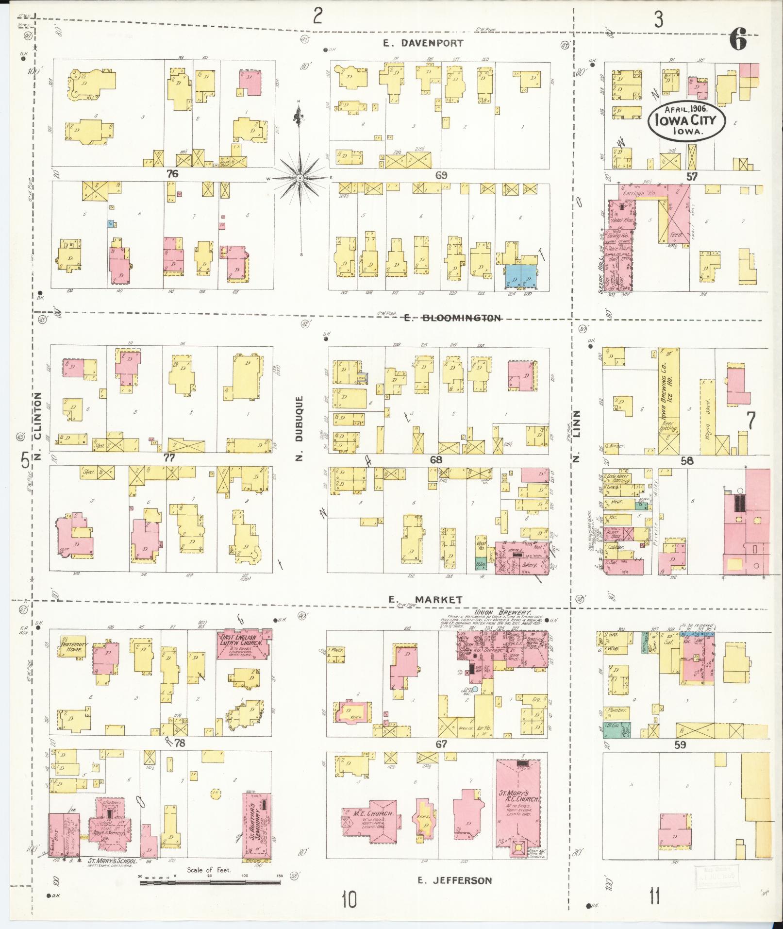 Sanborn Fire Insurance Map from Iowa City, Johnson County, Iowa (1906), Sheet #0006 - Historic Sanborn Fire Insurance Map Print, vintage old map wall art