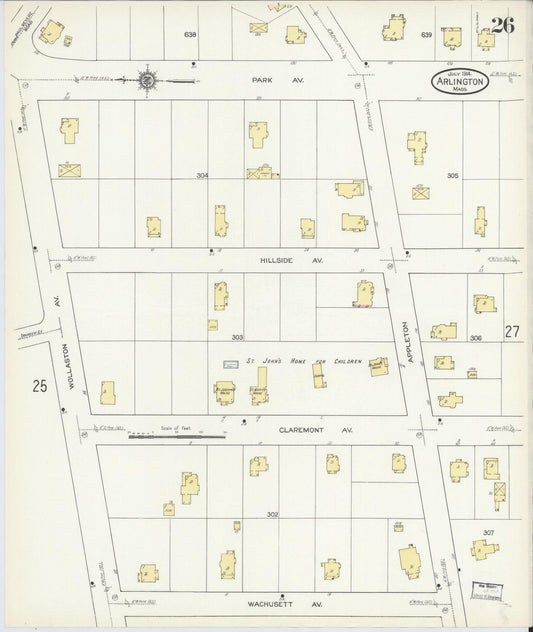 Sanborn Fire Insurance Map from Arlington, Middlesex County, Massachusetts (1914), Sheet #0026 - Historic Sanborn Fire Insurance Map Print, vintage old map wall art, antique decor, genealogy gift, Massachusetts Massachusetts map
