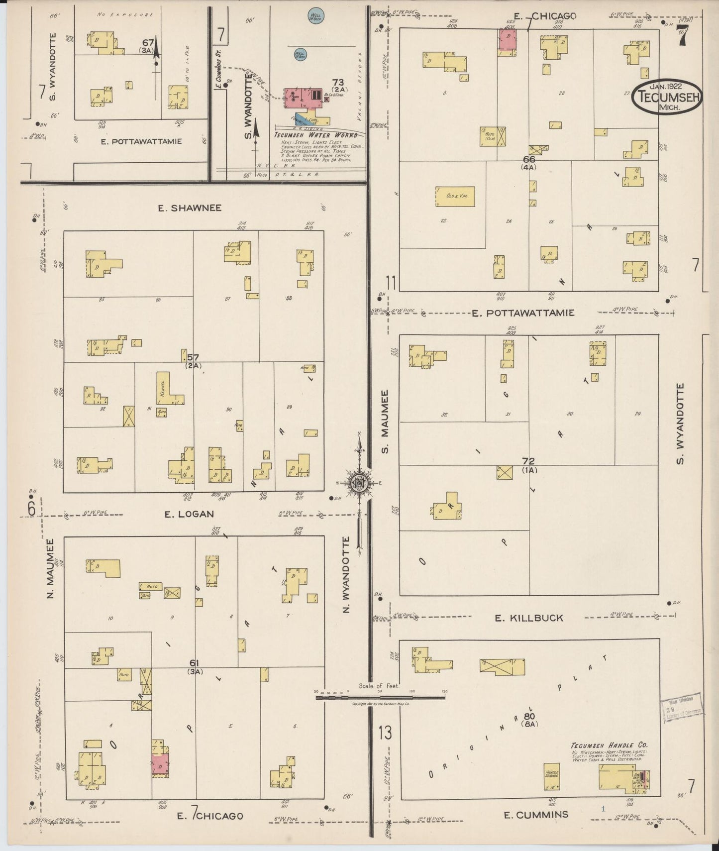 Sanborn Fire Insurance Map from Tecumseh, Lenawee County, Michigan (1922), Sheet #0007 - Complete Map Set gallery image, historic Sanborn map, vintage wall art, Michigan Michigan