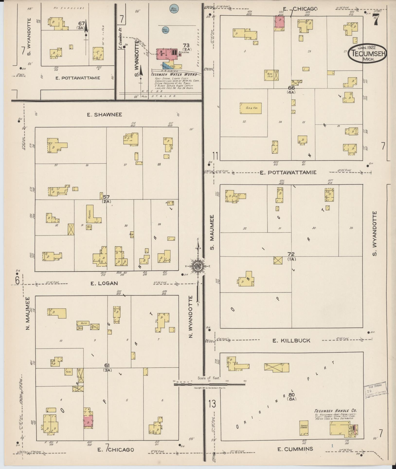 Sanborn Fire Insurance Map from Tecumseh, Lenawee County, Michigan (1922), Sheet #0007 - Complete Map Set gallery image, historic Sanborn map, vintage wall art, Michigan Michigan