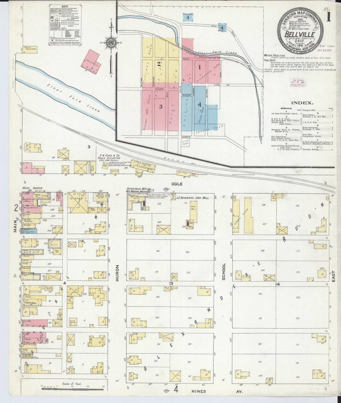 Sanborn Fire Insurance Map from Bellville, Richland County, Ohio (1910), Sheet #0001 - Historic Sanborn Fire Insurance Map Print, vintage old map wall art, antique decor, genealogy gift, Ohio Ohio map