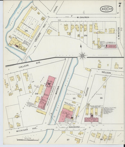 Sanborn Fire Insurance Map from Adrian, Lenawee County, Michigan (1893), Sheet #0007 - Complete Map Set gallery image, historic Sanborn map, vintage wall art, Michigan Michigan